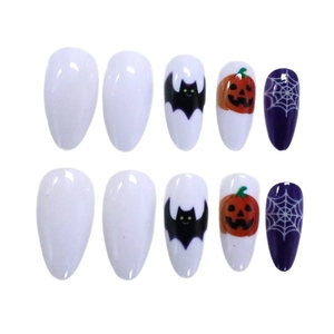 Halloween almond press-on nails featuring pumpkin, bat and spider web festive designs