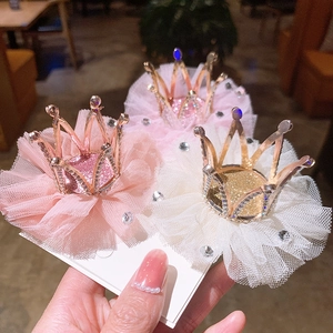Cute girls crown hair clips with mesh and rhinestones in pink and white colors