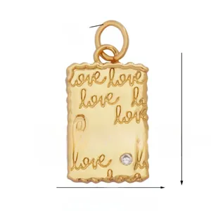 Detailed view of rectangular gold Love pendant with zircon stone and 15x10mm dimensions
