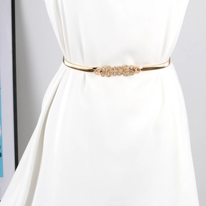 Detail der goldenen Metall-Feder-Taillenkette mit Vintage-Filigranschnalle auf weißem Kleid