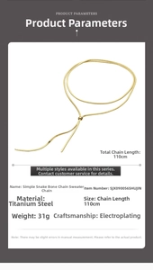 Detail of 110cm gold snake bone sweater chain showing titanium steel length and 31g weight