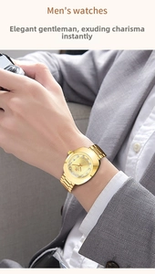 Macro shot of gold quartz watch with diamond markers and date display on a male wrist