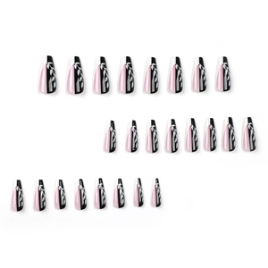 French ballerina press-on nails with black and pink leaf pattern design in coffin shape