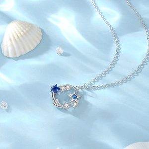 Elegant S925 sterling silver ocean starry sky necklace with blue star and zircon pendant