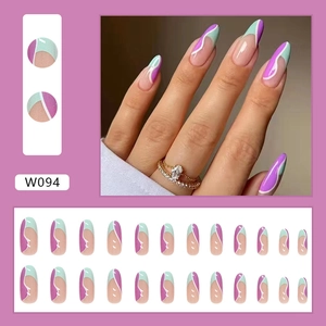 Press-on nails featuring purple and mint green abstract wave designs in almond shape