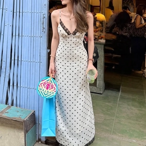 Polka Dot Maxi Dress Women French Retro Spaghetti Strap Backless Lace Trim Sexy Elegant Polyester V Neck Long Cami Dress