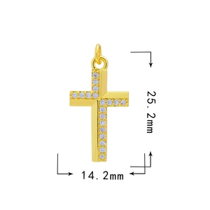 Detailed size view of gold cross pendant with cubic zirconia, 25.2mm by 14.2mm