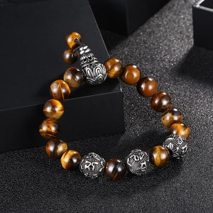Men's punk tiger eye stone beaded bracelet with stainless steel mantra charms on gift box