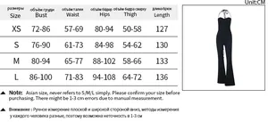 Size chart showing bust and waist measurements for a sexy black strapless jumpsuit