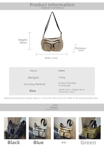 Detailed view of crossbody bag dimensions 33x20x12cm with utility multi-pocket design