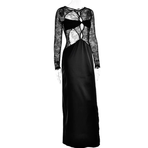 Detailed view of black lace patchwork and hollow-out design on the long sleeve dress