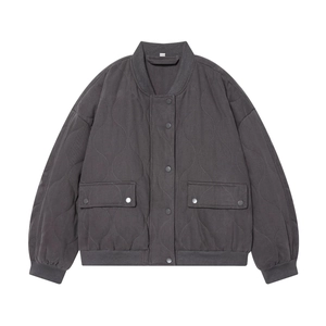 Women Quilted Bomber Jacket Ribbed Trim Snap Button Cotton Polyester Grey Casual Vintage Outerwear Coat Fashion