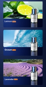 Three premium car fragrances in lemon, ocean, and lavender scents with glass bottles