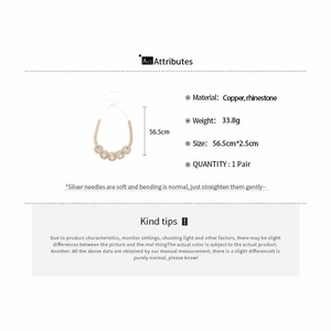 Detailed spec sheet showing a gold copper rhinestone necklace with 56.5cm dimensions