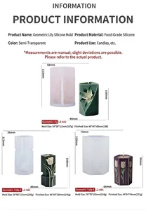 Detailed size chart for geometric lily and tulip silicone candle molds showing dimensions