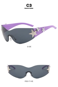 Detail view of purple Y2K sunglasses with silver star studs on the side and front frames