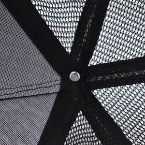 Detailed top view of breathable mesh baseball cap with silver metal rivet and stitching