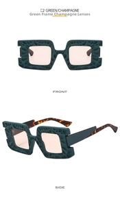 Front and side view of square oversized sunglasses with green frame and champagne lenses