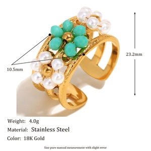 Bague ouverte en acier inoxydable doré 18K avec motif floral fait à la main