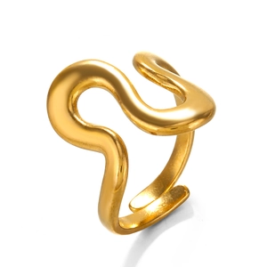 Minimalist wave shaped irregular open ring in polished gold finish for women