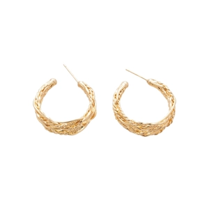 Retro golden twisted metal hoop earrings with elegant woven texture for women
