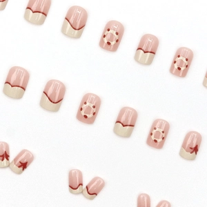 24pcs French cream puff style press-on nails with red wavy lines and floral dots