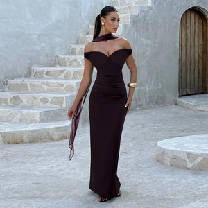 Slim fit dark purple off-shoulder maxi dress with a matching neck scarf detail