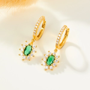 French vintage 925 silver hoop earrings with oval green zircon and white crystal stones
