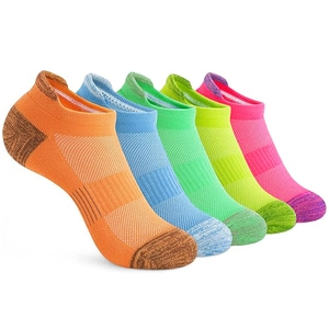 Five pairs of colorful breathable mesh sports socks featuring reinforced heels and arch support