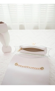 Detailed interior view of a white PU leather and clear PVC shoulder bag with golden chain