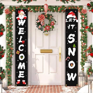 Close-up of Welcome and Let it Snow Christmas door banners with festive holiday patterns