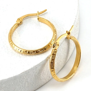 Gold Hoop Earrings For Women Stainless Steel 18K Gold Plated Greek Key Pattern Geometric Simple Vintage Style Jewelry