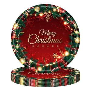 Christmas party disposable paper plates with Merry Christmas wreath and festive patterns
