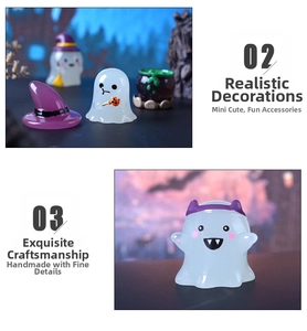 Macro shot of miniature luminous Halloween ghosts and wizard hats for garden decor