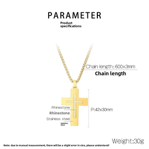 Detailed view of golden stainless steel cross pendant with rhinestone inlay and dimensions