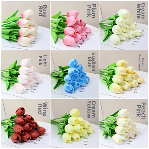 Close-up of 9 different colors of PU artificial tulips for home decoration and floral arrangements