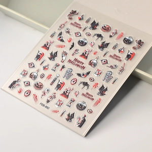 3D Halloween nail stickers with embossed skull, pumpkin, and bat designs model FEB-892