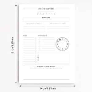 Close-up of daily devotion planner page with 21x14cm dimensions and schedule layout