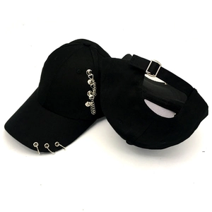 Black baseball cap with silver metal chains and rings shown from front and back views