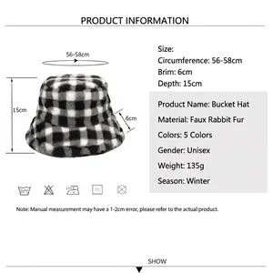 Winter faux rabbit fur checkered bucket hat with dimensions and product specifications