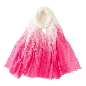 Gradient cotton linen scarf long shawl in pink and white with frayed fringe edges