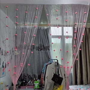 Pink rose floral string curtain divider with silver thread and white hanging cords