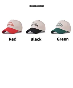 Close-up of diet coke embroidery on contrast color cotton baseball caps in various colors