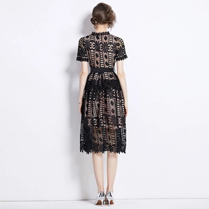 Elegant black hollow-out floral lace midi dress with short sleeves and high neckline