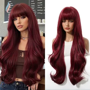 Detail of long wavy burgundy wig with bangs on a model and mannequin stand