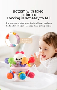 Detail of baby spinning toy with colorful textured wheels and a strong suction cup base