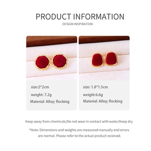Detail specifications for vintage red flocking stud earrings in alloy and gold finish