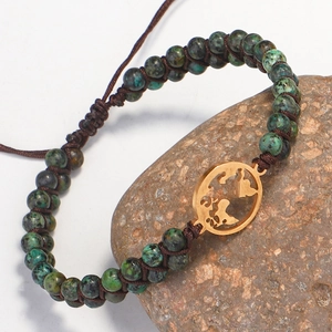 Handmade African turquoise beaded bracelet with gold stainless steel world map charm
