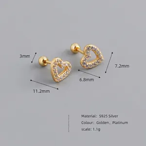 Elegant S925 sterling silver hollow heart screw back earrings with micro-set zircons