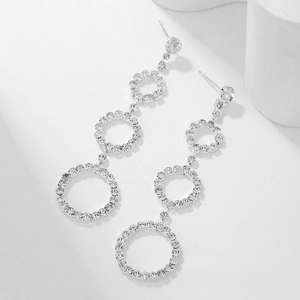 Sparkling silver triple circle drop earrings with rhinestones for elegant bridal weddings